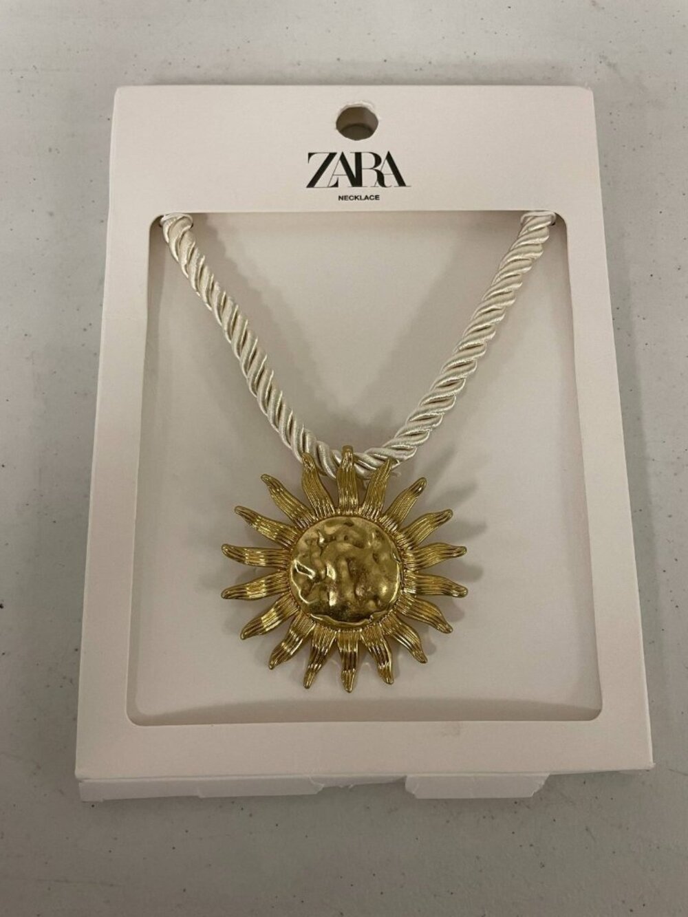 Zara Gold Tone Sun Pendant Necklace Cream Rope Cord Statement New